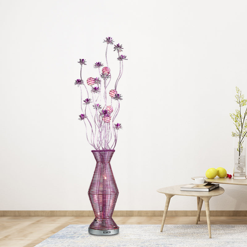 Countryside Vase and Floral Stand Light Aluminum Wire LED Floor Lamp in Purple for Living Room