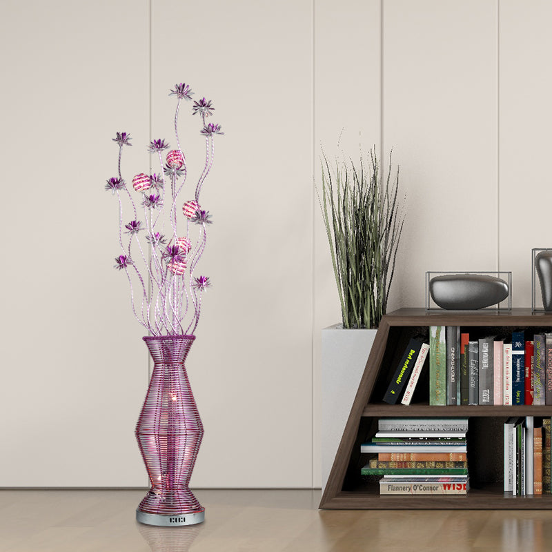 Countryside Vase and Floral Stand Light Aluminum Wire LED Floor Lamp in Purple for Living Room