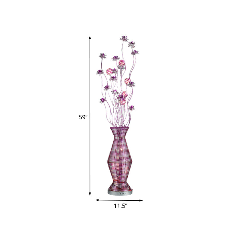 Countryside Vase and Floral Stand Light Aluminum Wire LED Floor Lamp in Purple for Living Room