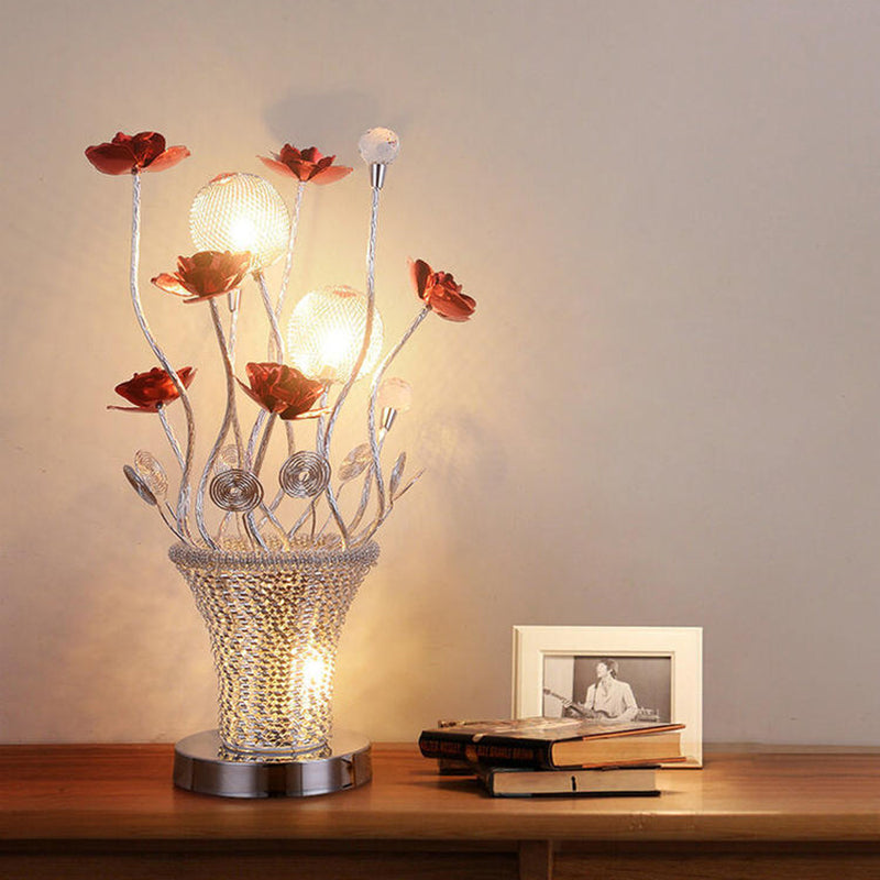 LED Potted-Flower Nightstand Light Country Red and Chrome Finish Aluminum Wire Table Lamp