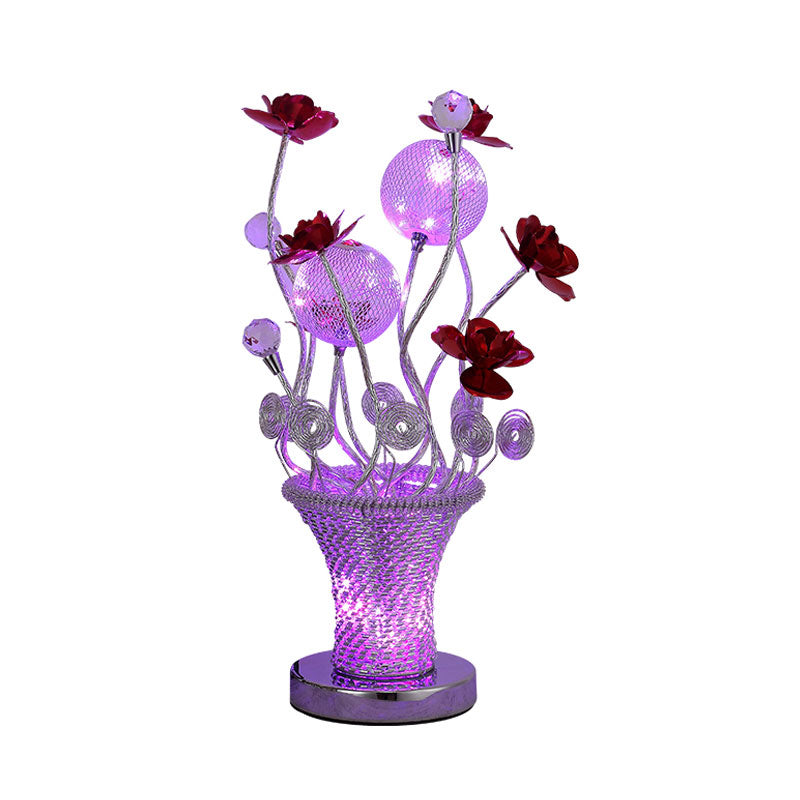 LED Potted-Flower Nightstand Light Country Red and Chrome Finish Aluminum Wire Table Lamp