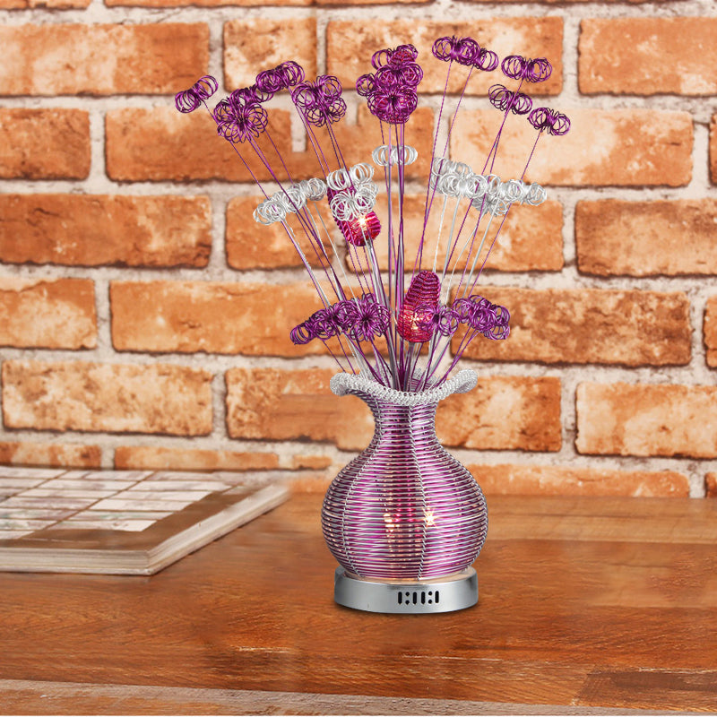 Art Deco Plant and Vase Nightstand Light Aluminum Wire LED Night Table Lamp in Purple