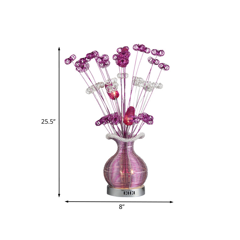 Art Deco Plant and Vase Nightstand Light Aluminum Wire LED Night Table Lamp in Purple