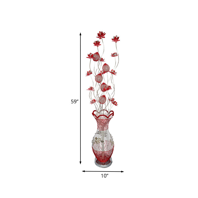 LED Vase Shape Floor Lamp Decorative Red Metallic Standing Light with Flower Design