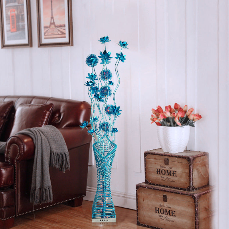 Decorative Tower-Like Floor Lighting LED Metallic Stand Up Lamp with Small Floral Decor in Blue