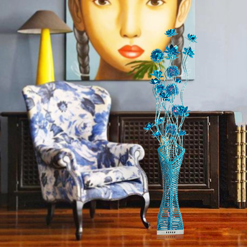 Decorative Tower-Like Floor Lighting LED Metallic Stand Up Lamp with Small Floral Decor in Blue