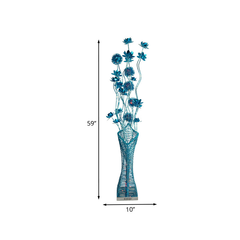 Decorative Tower-Like Floor Lighting LED Metallic Stand Up Lamp with Small Floral Decor in Blue