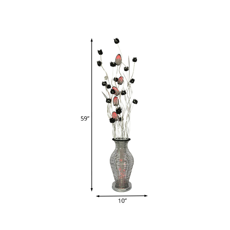 LED Standing Lamp Art Decor Cutout Vase Aluminum Reading Floor Light with Floret Design in Black