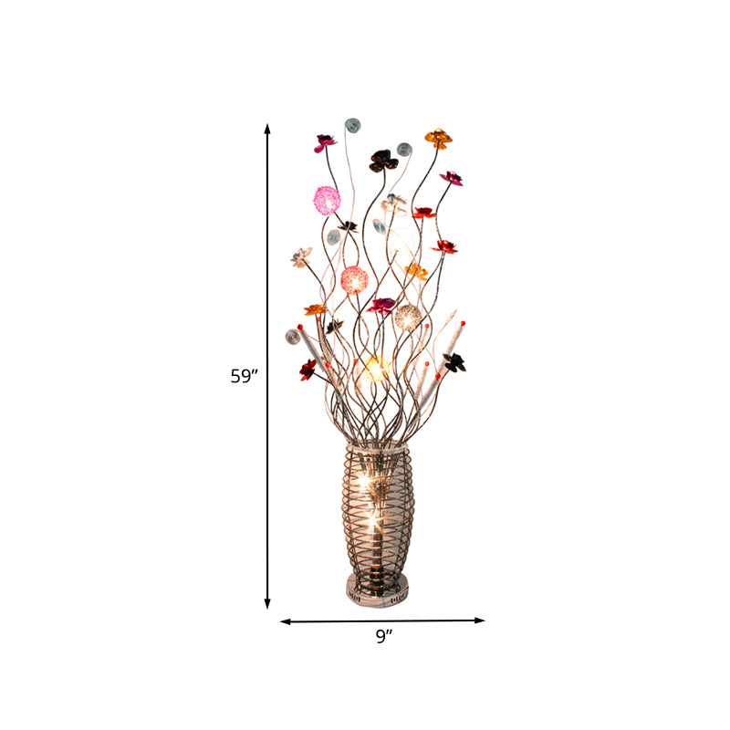 Lampada ad arte di stand up argento ad arte arte metallo illuminazione a pavimento ovale avvolto con sloop lineare e fioritura colorata