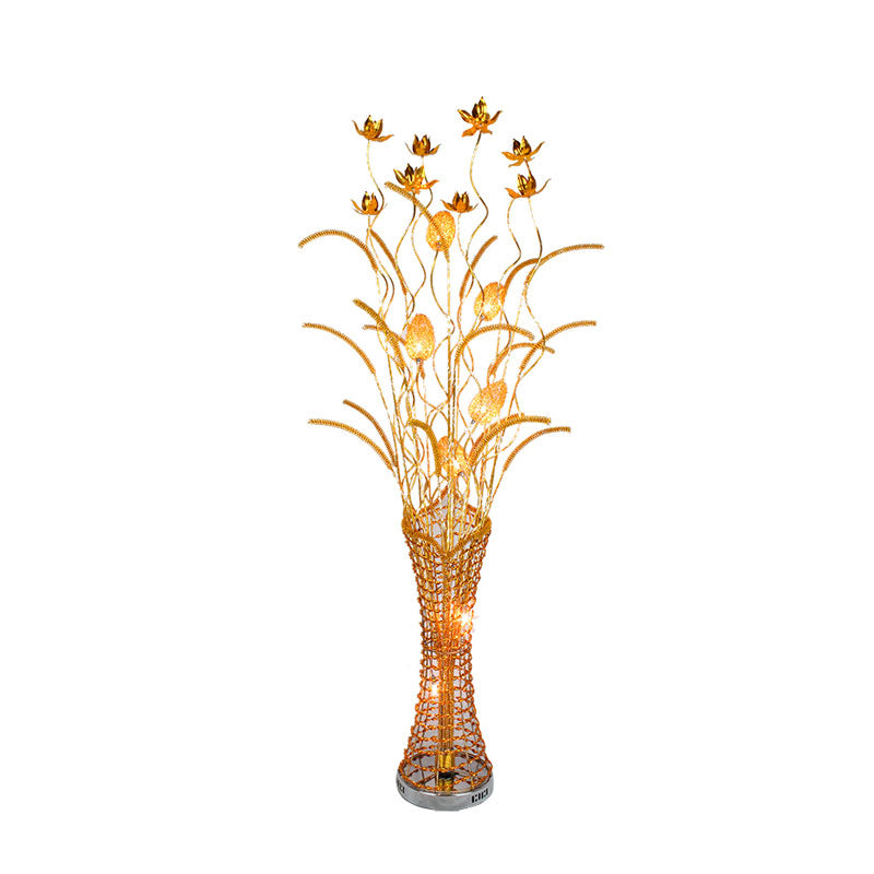 Art Decor Tower-Like Standing Lamp Metal LED Floor Reading Light with Blossom Design in Gold