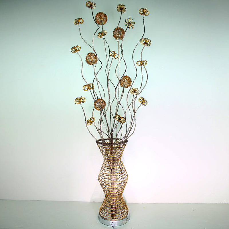 Gold LED Stand Up Lamp Art Decor Metallic Bamboo Basket Shape Reading Floor Light with Flower Decor