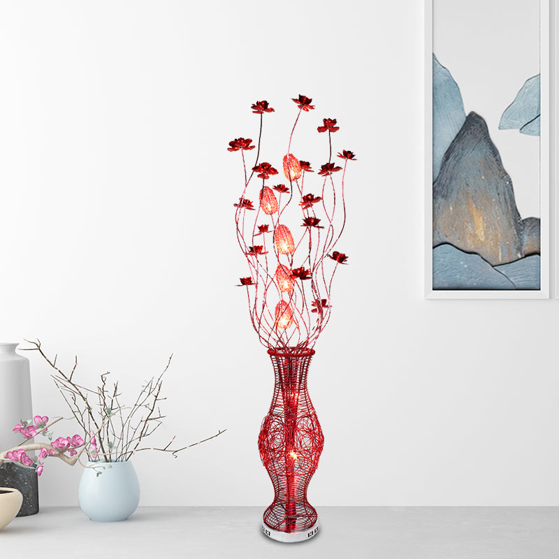 Floral Aluminum Curvy Linear Floor Light Decorative Bedroom LED Standing Lamp with Urn Pedestal in Red