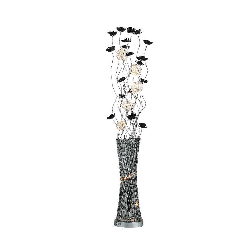 Decorative Hollowed Column Floor Light Metal LED Curved Stick Reading Floor Lamp with Rose Decor in Black and Silver