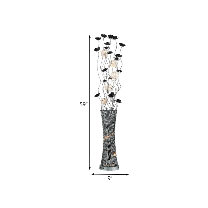 Decorative Hollowed Column Floor Light Metal LED Curved Stick Reading Floor Lamp with Rose Decor in Black and Silver