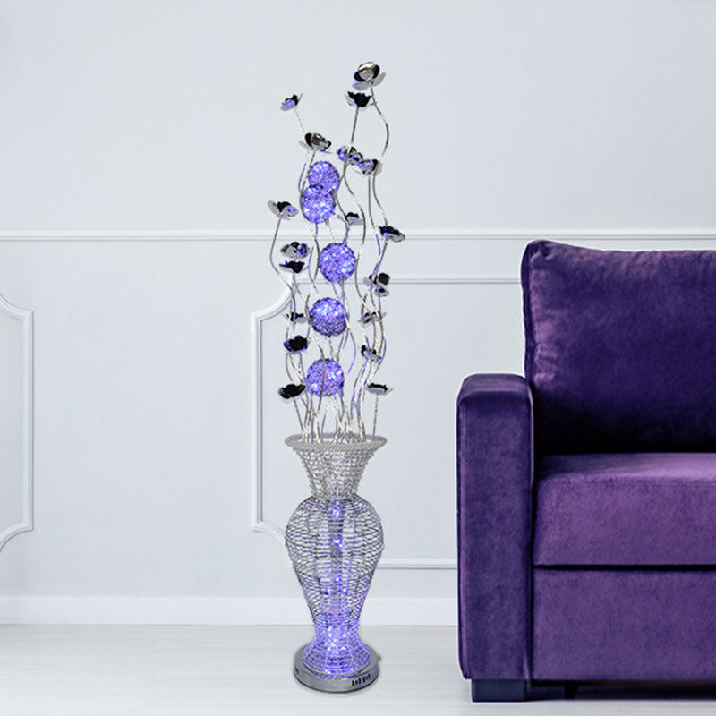 Light-up lampada ad alta urna a LED Lampada in alluminio Black Silver Blossom Floor Light con design di sfera viola