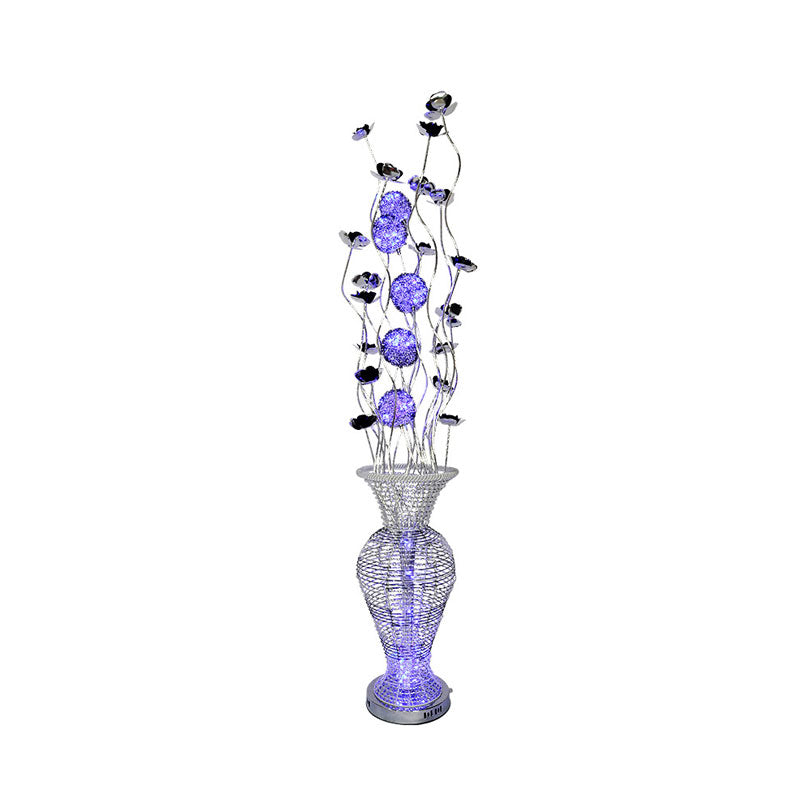 LED Urn-Like Stand Up Lamp Art Decor Black-Silver Aluminum Blossom Floor Light with Purple Orb Design