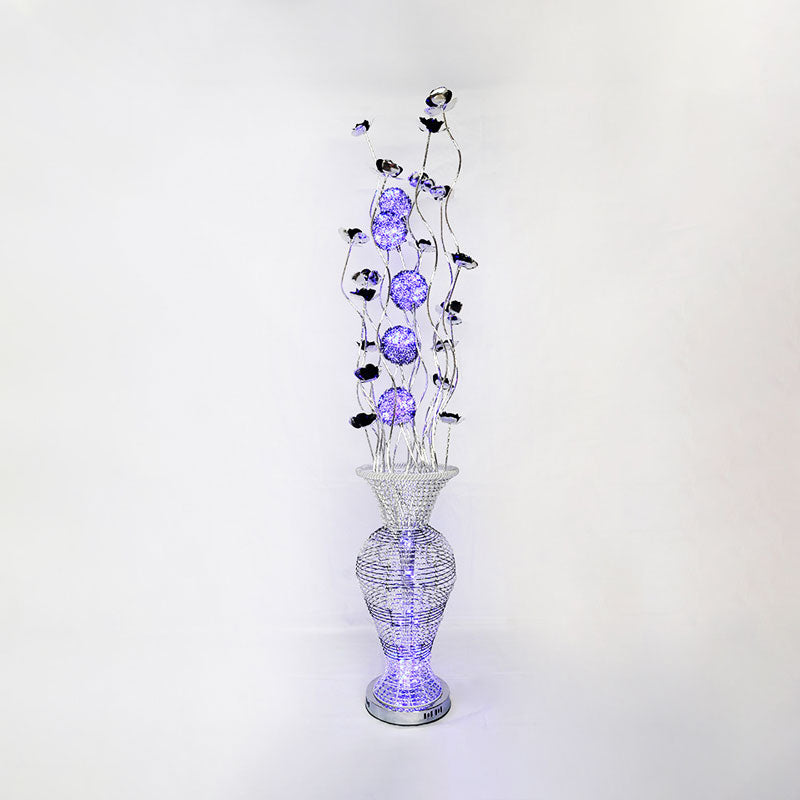 LED Urn-Like Stand Up Lamp Art Decor Black-Silver Aluminum Blossom Floor Light with Purple Orb Design