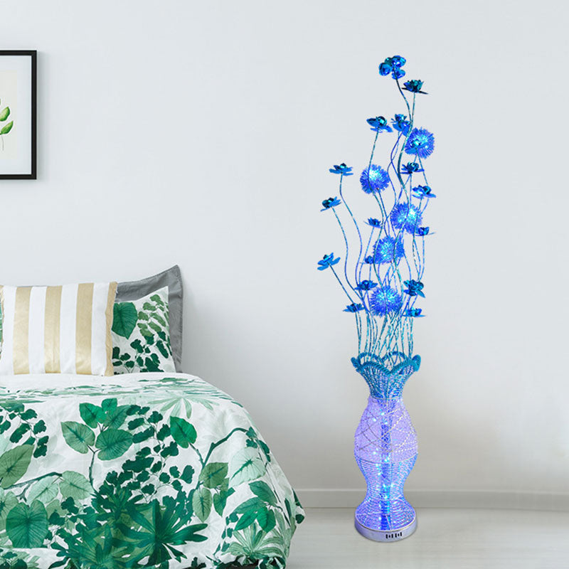 Vase-Shaped Decorative Pleated Floor Lighting Rustic Bedroom LED Decorative Standing Lamp with Flower Decor in Blue