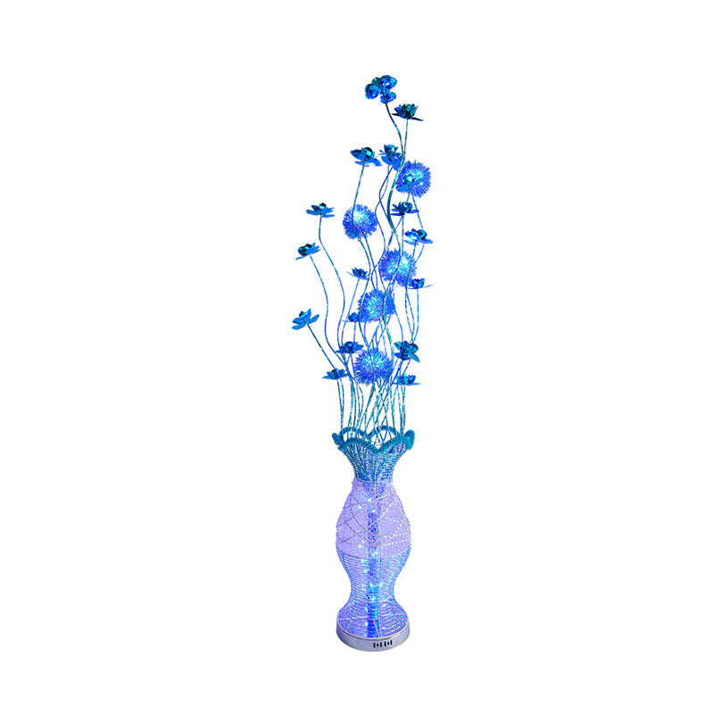 Vase-Shaped Decorative Pleated Floor Lighting Rustic Bedroom LED Decorative Standing Lamp with Flower Decor in Blue