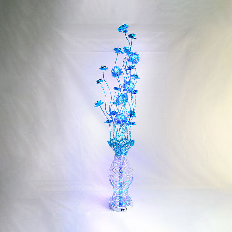 Vase-Shaped Decorative Pleated Floor Lighting Rustic Bedroom LED Decorative Standing Lamp with Flower Decor in Blue