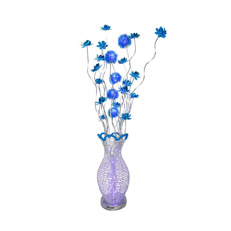 Blue LED Curvy Line Floor Light Art Decor Aluminum Urn Floor Standing Lamp with Floral Decor