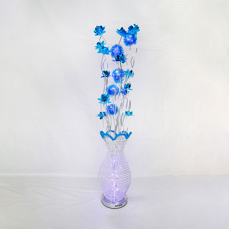 Blue LED Curvy Line Floor Light Art Decor Aluminum Urn Floor Standing Lamp with Floral Decor