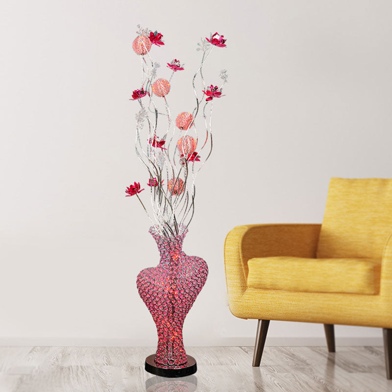 Metal Red Floret Standing Lamp Cutout Heart-Like LED Decorative Floor Light with Crystal Encrusted Detail