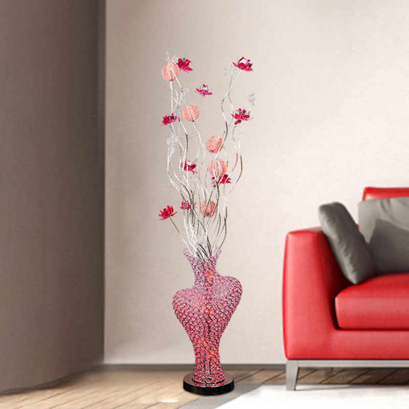 Metal Red Floret Standing Lamp Cutout Heart-Like LED Decorative Floor Light with Crystal Encrusted Detail