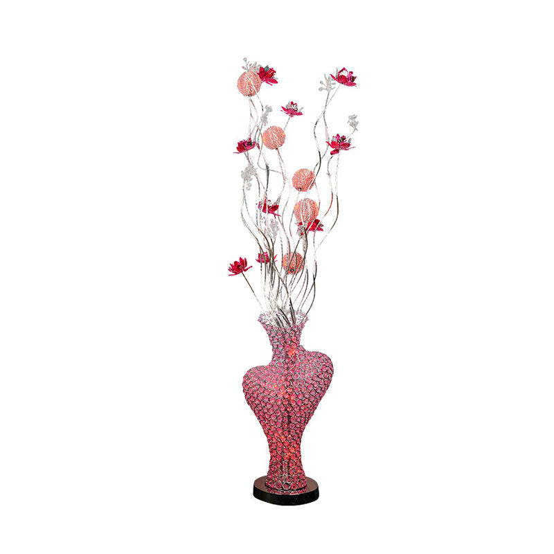 Metal Red Floret Standing Lamp Cutout Heart-Like LED Decorative Floor Light with Crystal Encrusted Detail