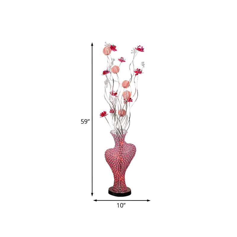 Metal Red Floret Standing Lamp Cutout Heart-Like LED Decorative Floor Light with Crystal Encrusted Detail