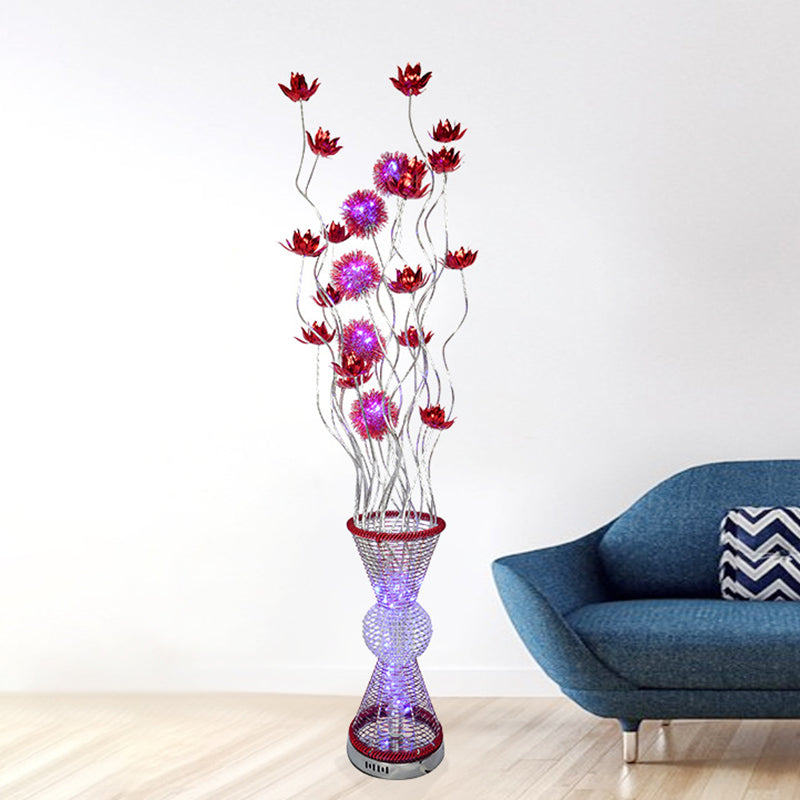 Art Decor Hourglass Floor Light LED Aluminum Stand Up Lamp with Curved Stick and Floret in Red