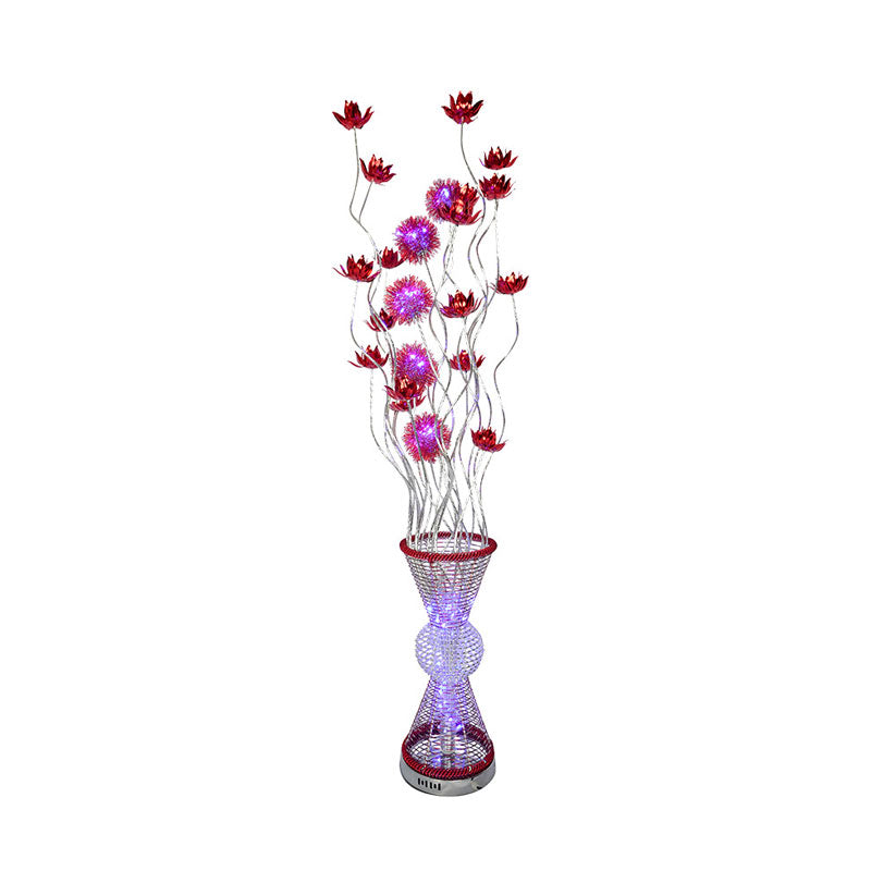 Art Decor Hourglass Floor Light LED Aluminum Stand Up Lamp with Curved Stick and Floret in Red