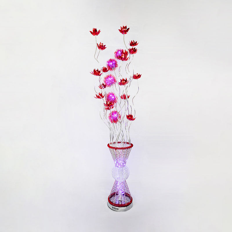 Art Decor Hourglass Floor Light LED Aluminum Stand Up Lamp with Curved Stick and Floret in Red