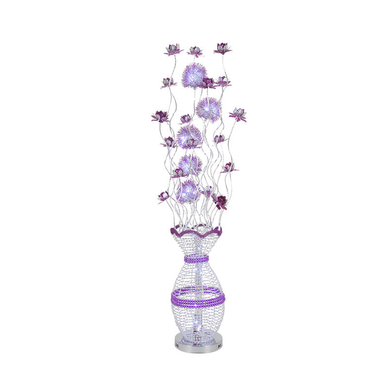 Metal Hollowed Urn Floor Lighting Art Decor LED Bedroom Reading Floor Lamp with Blossom Decor in Purple, Warm/White Light