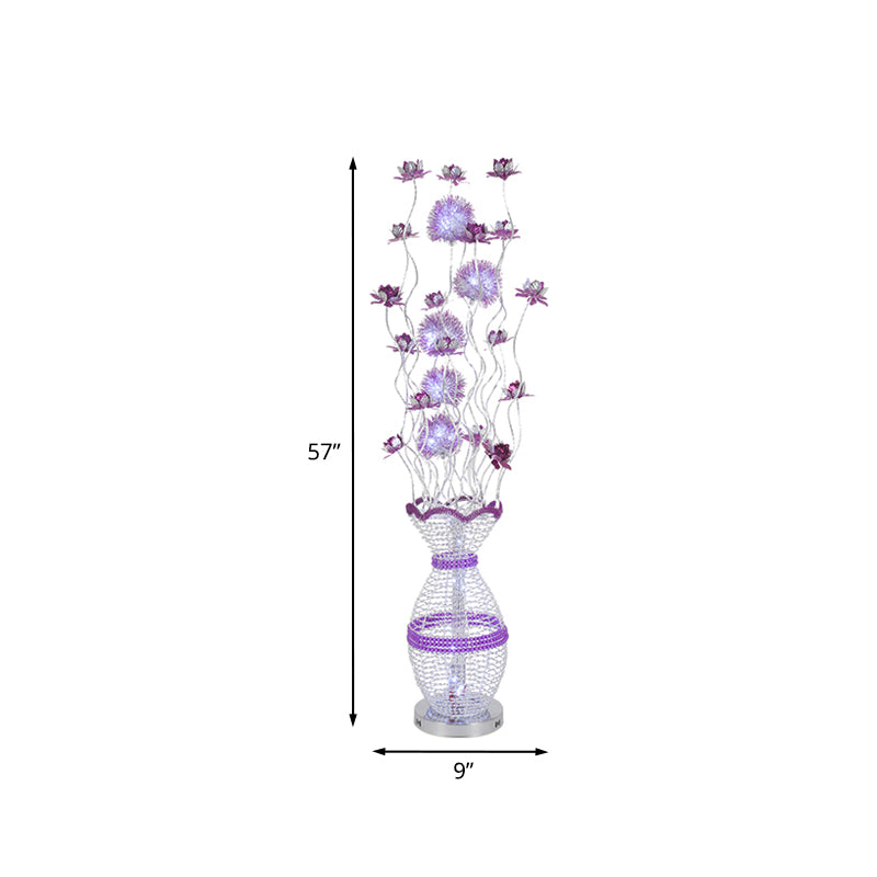 Metal Hollowed Urn Floor Lighting Art Decor LED Bedroom Reading Floor Lamp with Blossom Decor in Purple, Warm/White Light