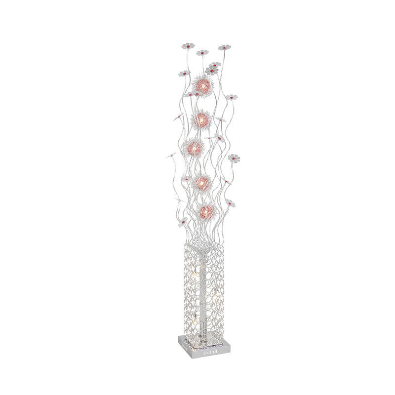 Cuboid Metallic Stand Up Lamp Decorative  Living Room LED Floor Lighting with Floret Design in Silver, Warm/White Light