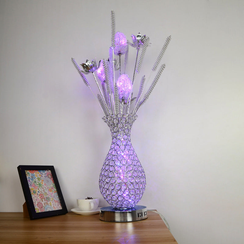 LED Vase Shape Desk Light Art Decor Gold/Silver Metal Night Table Lamp with Crystal Encrusted