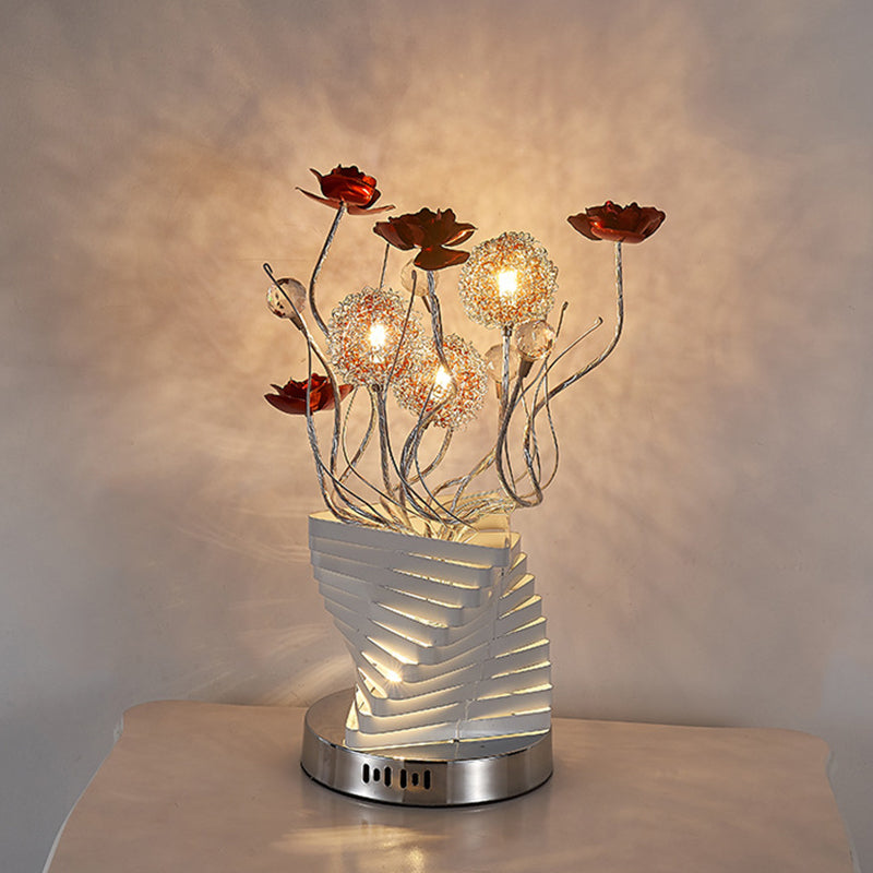 Aluminum Twisty Table Lamp Decorative Bedroom Rose Design LED Nightstand Light in Silver