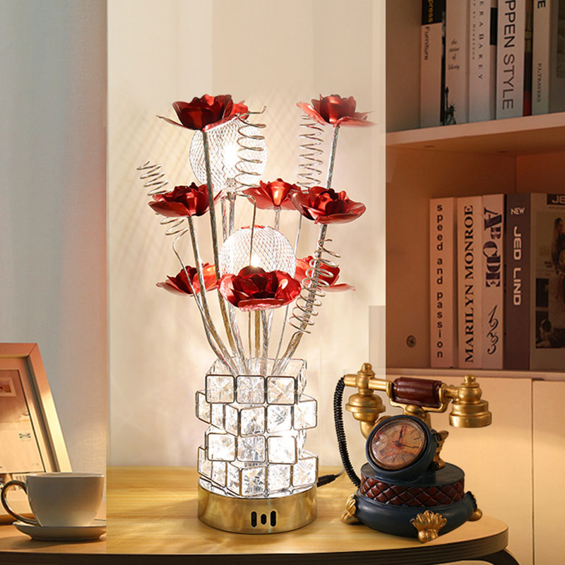 Art Decor Floral Table Lamp LED Aluminum Desk Light with Crystal Block Base in Purple/Red for Bedside