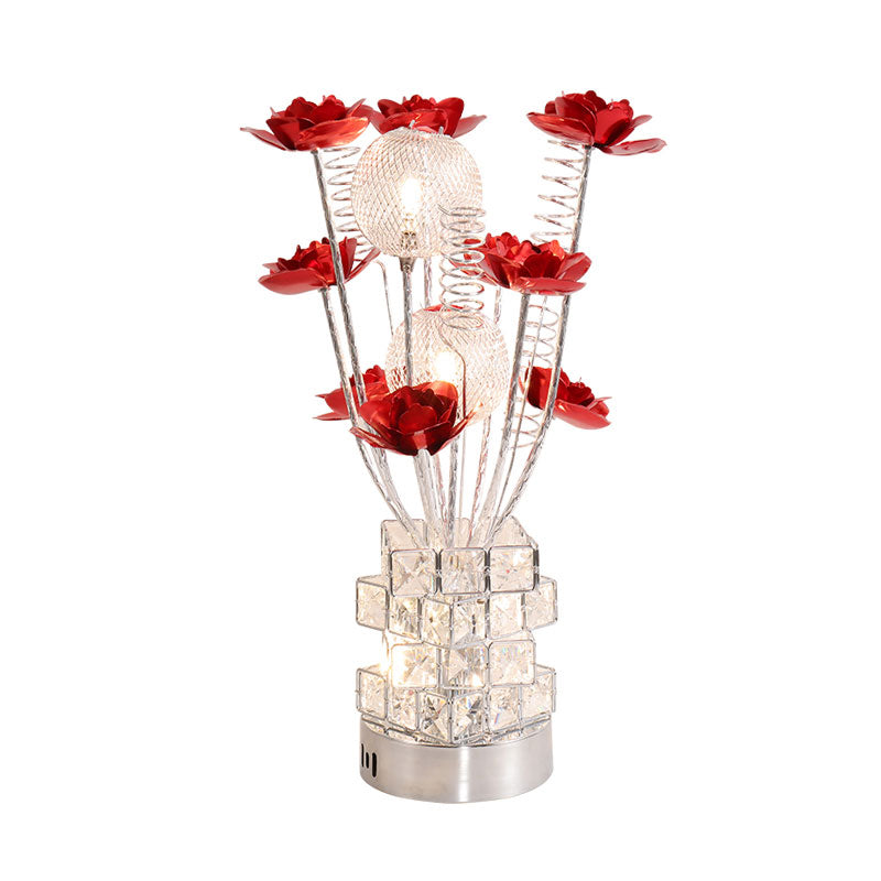 Art Decor Floral Table Lamp LED Aluminum Desk Light with Crystal Block Base in Purple/Red for Bedside