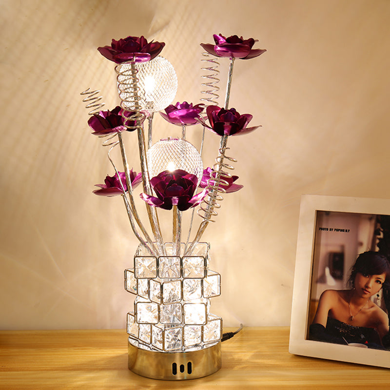 Art Decor Floral Table Lamp LED Aluminum Desk Light with Crystal Block Base in Purple/Red for Bedside