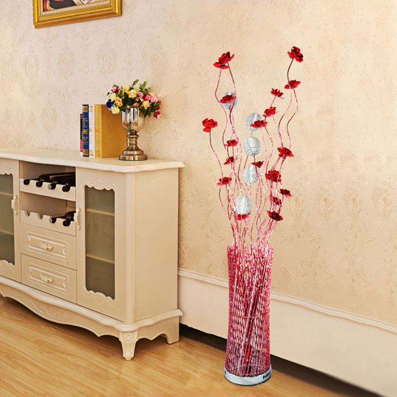 LED Twill Cylinder Standing Lamp Decorative Red/Gold Aluminum Floor Reading Light with Bloom Design