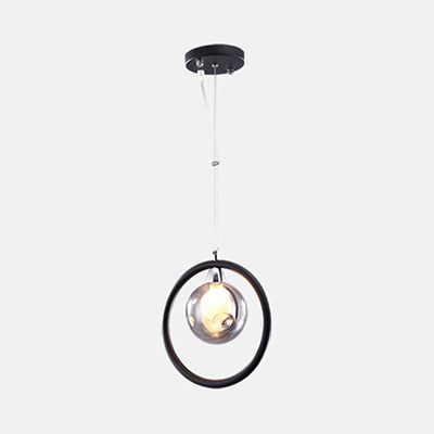 Dimpled Blown Glass Round Pendant Lighting Modern 1/2/3 Lights Led Hanging Ceiling Lamp in Black with Iron Ring