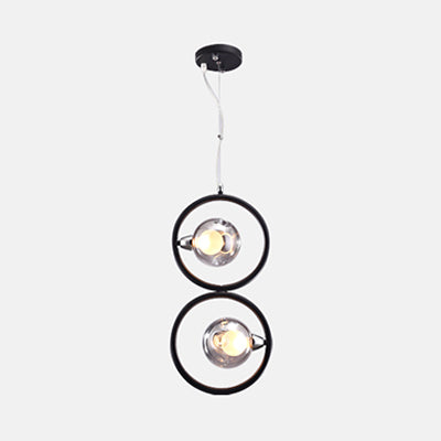 Dimpled Blown Glass Round Pendant Lighting Modern 1/2/3 Lights Led Hanging Ceiling Lamp in Black with Iron Ring