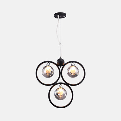 Dimpled Blown Glass Round Pendant Lighting Modern 1/2/3 Lights Led Hanging Ceiling Lamp in Black with Iron Ring