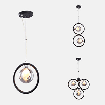 Dimpled Blown Glass Round Pendant Lighting Modern 1/2/3 Lights Led Hanging Ceiling Lamp in Black with Iron Ring