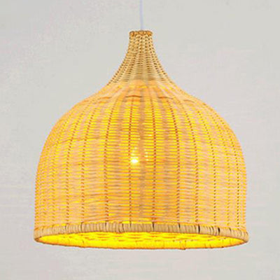 Hand Knitted Bamboo Domed Hanging Pendant Farmhouse One Light Suspension Lamp in Beige