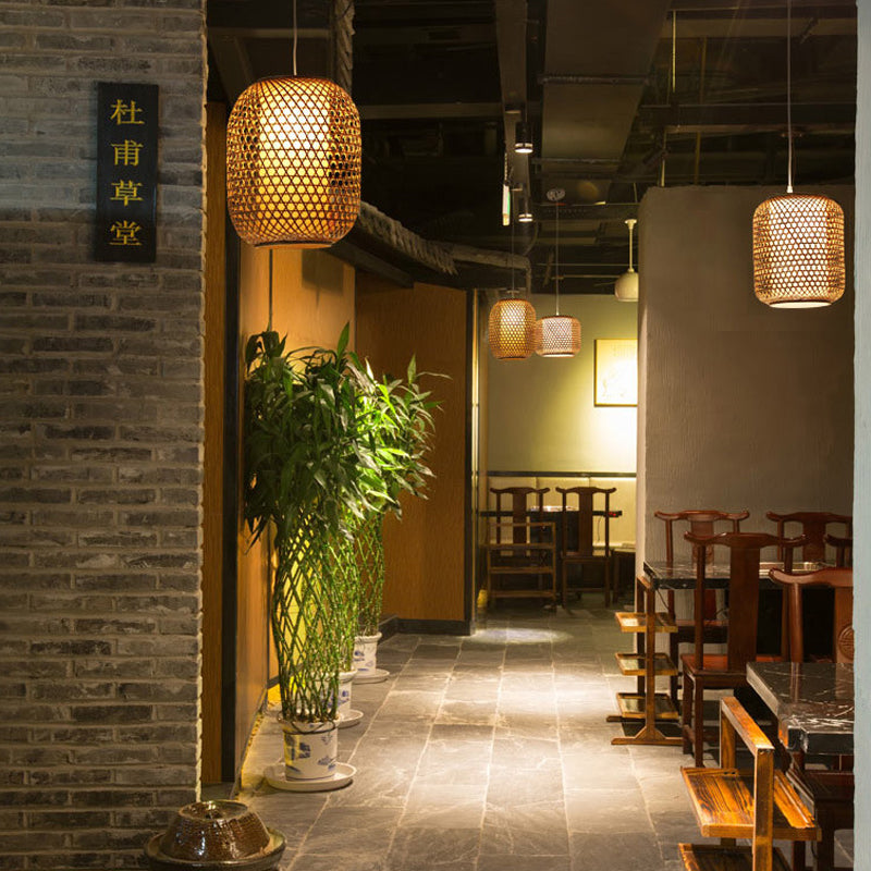 Asian Lantern Shaped Pendant Light Bamboo Single Head Ceiling Drop Light for Restaurant Dining Room