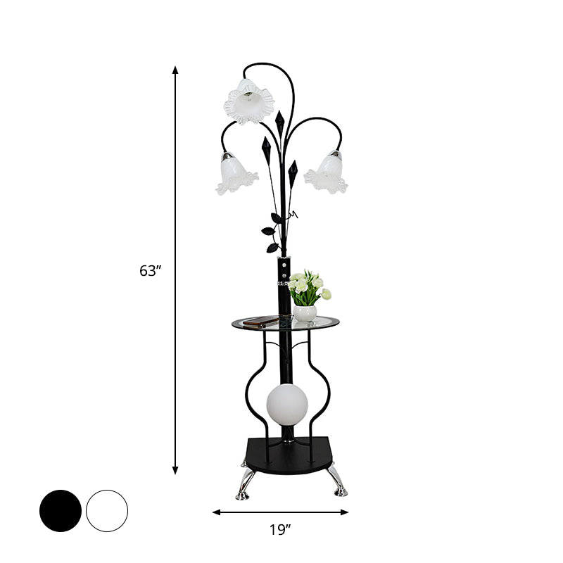 Black/White 3-Bulb Floor Light Countryside Metal Curved Arm Standing Lamp with Floral Glass Shade