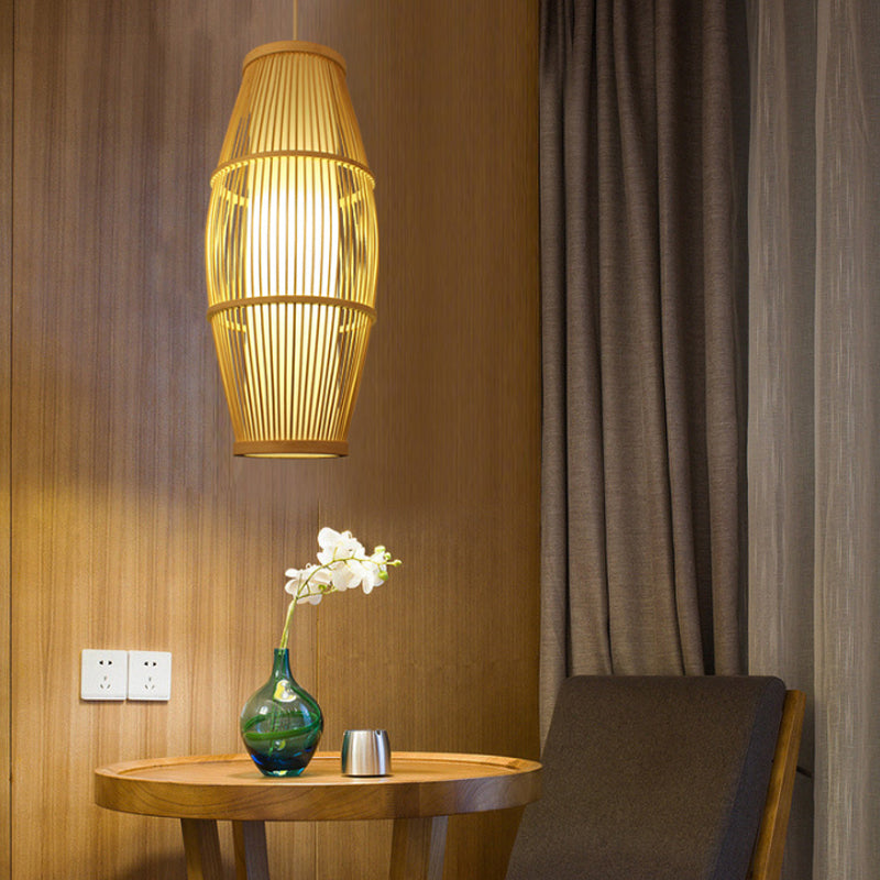 Asian Ellipse Shade Hanging Light for Restaurant Hand Made Bamboo Suspension Light in Beige